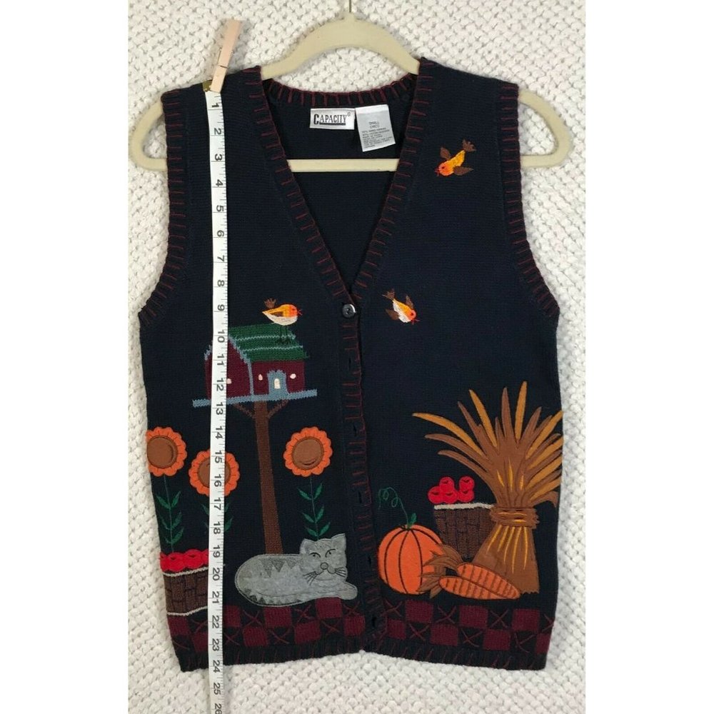 Capacity Red & Orange Cat & Bird Embroidered Fall Sweater Vest Size Small Ramie - Picture 4 of 5